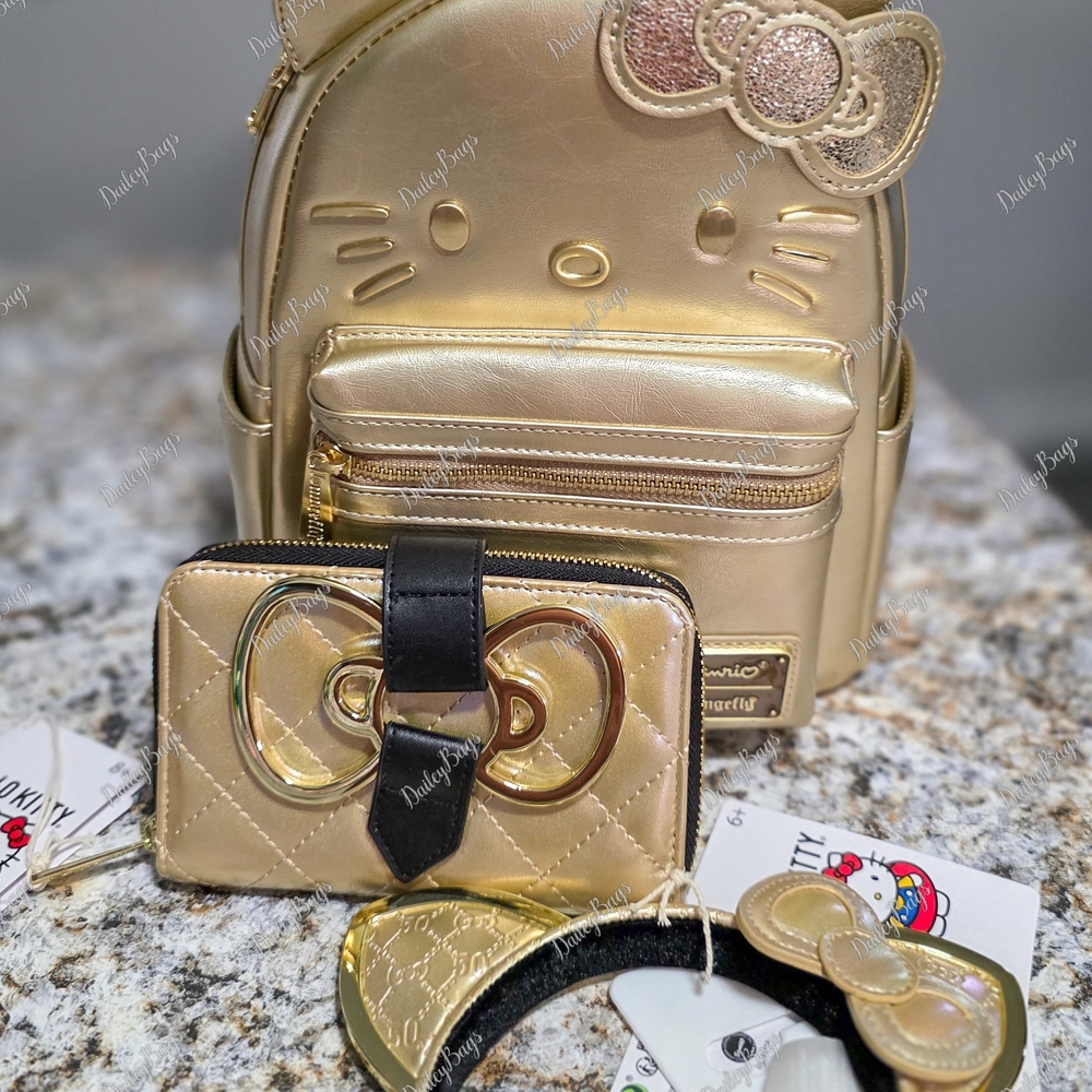 NWT Limited Edition Hello Kitty 50th Anniversary Gold Mini Backpack,Wallet, Ears